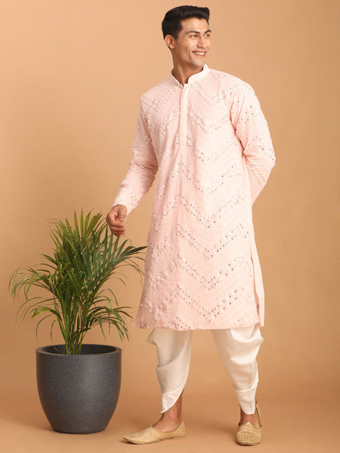 Vastramay Men's Pink Mirror Kurta dhoti Set